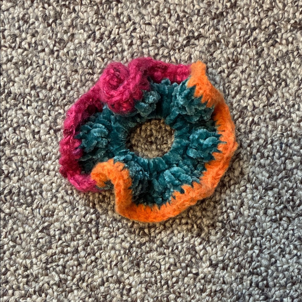 Chenille Green Crochet Scrunchie with Orange and Pink Trim